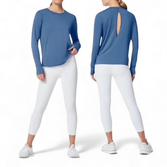 SPANX Tops - SPANX Soft Spot Wrap Back Indigo Haze Butter Long Sleeve T-Shirt Size M